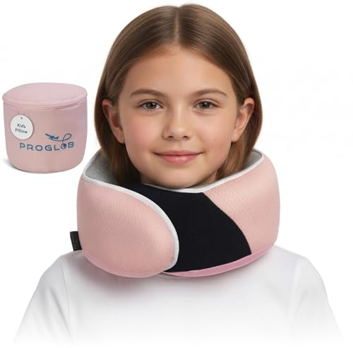 Proglobe Junior Kids Travel Neck Pillow - Ergonomic Memory Foam Pillow for Airplane, Car, Booster Seat - Soft, Washable, Compact Travel Pillow with Strap - Light Pink - Ages 4-13