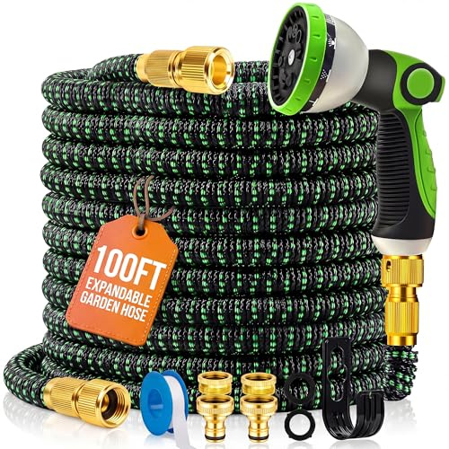 MOSII 100FT Expandable Garden Hose Pipe, Flexible Heavy Duty Water Hose Pipe Extendable with 10-Pattern Spray Nozzle, Brass Fittings, Hosepipes for Garden Car Washing (Green, 100FT/30M)