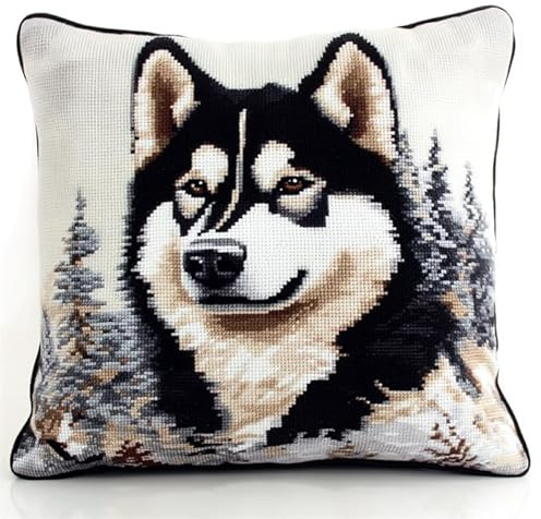 WallustrioaW Tier Hund knüpfkissen set erwachsene,Husky-Hund,latch hook kissen kit,DIY Knüpfhaken-Set Knüpfkissen Zum Selber Knüpfen,43x43cm