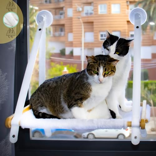Hamac Chat Fenêtre en Bambou Massif – 5 Ventouses 3.0 Ultra Résistantes – Hamac pour Chat avec Tissu Effet Peluche d’Hiver – Installation Facile (Manuel Inclus) – Hamac Noah de Budosín
