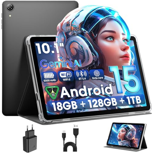 Raemond Android 15 Tablet 10 Pulgadas,18GB RAM 128GB ROM,1280 x 800 IPS HD Widevine L1,Octa-Core,1TB Ampliable,WiFi 6, BT5.4,cámara Dual 5MP+8MP, 6000 mAh,T30 CPU,Face ID,Certificación de Google,GPS