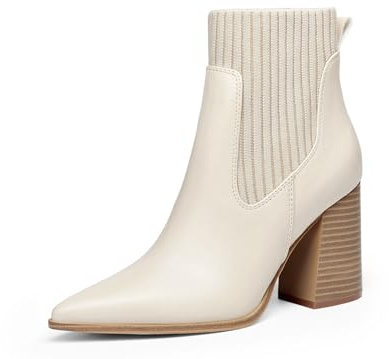 Coutgo Women Ankle Boots Sock Booties Pointed Toe Chunky Stacked High Heel Knit Chelsea Winter Dress Booties