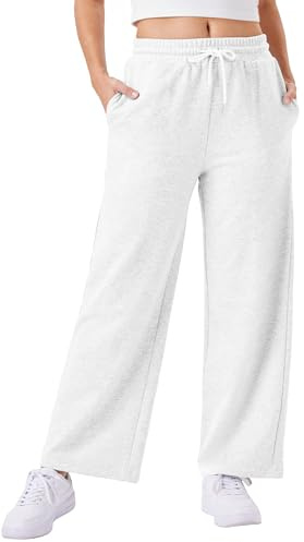 Friptspyg Damen Hosen mit Taschen Jogginghose Fitness Freizeithose Weites Bein Sweatpants mit Elastische Gürtel Drawstring, Weiß L