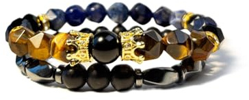 GLITZ AURA Valentine's Day Jewelry Set: 2pcs Adjustable Crown King Bracelets, Copper Plated Gold with Tiger's Eye & Obsidian, 10mm+8mm Energy Crystal Gemstone Beads, Handmade Stretch Spiritual Protection Jewelry for Men & Women