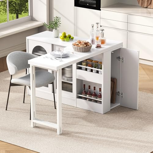 A ALFRESCOOL Ausziehbarer Bartisch, 360° Drehbare Bartisch, Sideboard, Reversibel Tisch Sideboard Bar mit Glasschranktür Stauraum, Bar Tisch für Küche Kaffeebar Möbel, 121.5×40×76.7cm (Weiß)