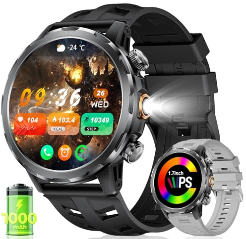 BENYAR Militare Smartwatch Uomo con 1000mAh/Torcia LED/Due Cavi,1,7 Orologio Smartwatch Fitness con Chiamate/IP68 Impermeabile/100+ Sportive/Cardiofrequenzimetro/Sonno/Notifiche Messaggi Android iOS