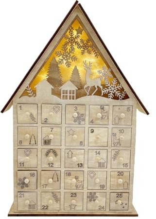 Scatola natalizia in legno con calendario 'Avvento con luci a LED, 25 cassetti numerati, il calendario 'Avvento per bambini, decorazione natalizia per le vacanze