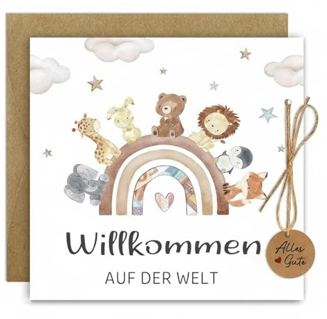 Aohyue Tarjeta de Nacimiento, Regalos Personalizados para Bebés de Papel, Tarjeta de Felicitación para Nacimiento Niña y Niño, Tarjetas de Felicitación con Sobre (Animales arcoíris)