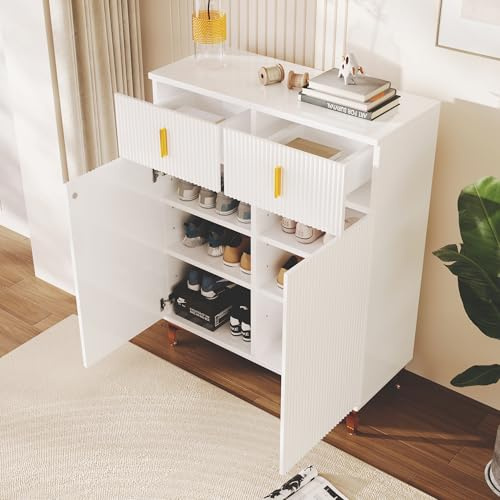 Eleganter Sideboard/Schuhschrank mit Strukturpaneelen, verstellbaren Einlegeböden und vergoldeten Verzierungen, mit Schubladen (Weiß)