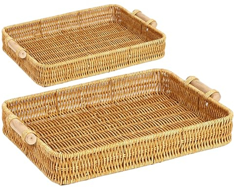 Bandeja de Mimbre Rectangular de 2 Piezas con asa, Cesta Plana Tejida de plástico para decoración de Mesa de Comedor y café, Pan, Fruta, Aperitivos de ratán
