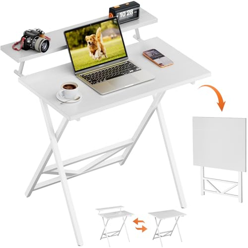 WOHOMO Klappbarer Schreibtisch mit Monitorablage, höhenverstellbar (3 Stufen), platzsparender Computertisch für Homeoffice, Wohnzimmer, Schlafzimmer, Camping, Kinderzimmer, Weiß