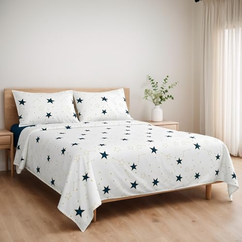 Etrexonline Juego de Sábanas 4 Piezas para Cama de 180 cm - Microfibra Suave y Transpirable, Incluye 1 Bajera Ajustable, 1 Encimera y 2 Funda de Almohada - Color Estrella Nuevo