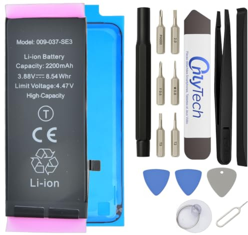 OnlyTech - Batterie Premium Capacité augmentée de Remplacement pour iPhone SE 3 (2022) - Capacité 2200mAh, qualité identique (Puce TI) - Kit 15 Outils et adhésif écran Inclus