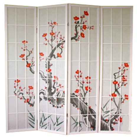 PEGANE Paravent Japonais Fleur de Cerisier Bois Blanc 4 pans L176xH175xP2cm | Modulable