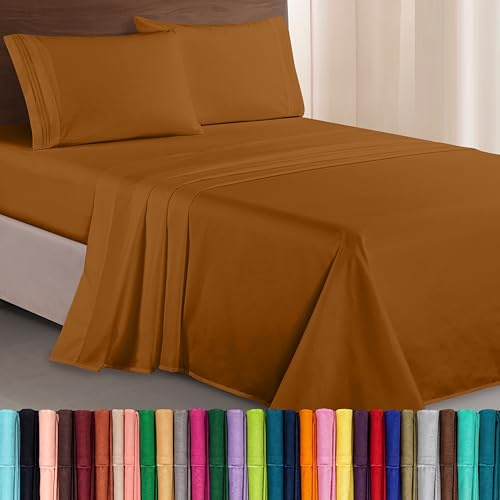 Elegant Comfort Parure de lit Douce de 4 pièces en Microfibre de qualité hôtelière 1500 Fils avec Broderie à Trois Lignes, Anti-Plis et Anti-décoloration, King-Size California, Bronze