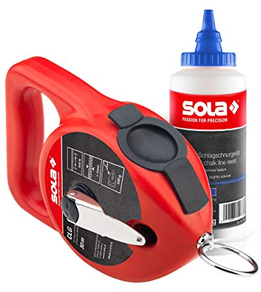 Sola CLG Schlagschnur Set BLAU I Schlagschnur mit Kreide im praktischen Set |30 Meter Markierschnur für einfaches markieren | blaues Kreidepulver für gute Sichtbarkeit auf hellen Oberflächen