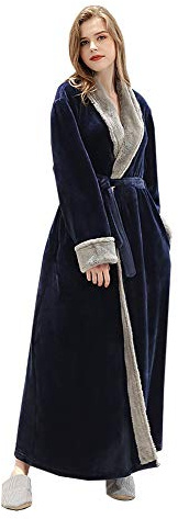 VKTY flanell badrock, sjal krage fleece rock vinter lätt varm bekväm dam lång kappa, kimono rock, vinter sovkläder vuxen (rosa/XL) Large Marinblått Xsp