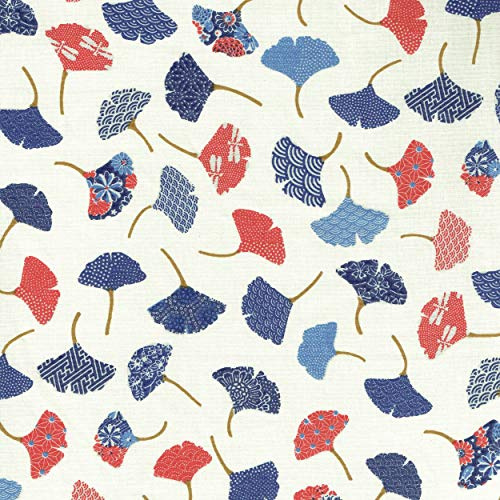 Textiles français Baumwollstoff | Ginkgoblätter Stoff - Rot, Blau und Grau (Grundfarbe: Cremeweiß) | 100% Baumwolle | Stoffbreite: 160 cm (pro Laufmeter)*
