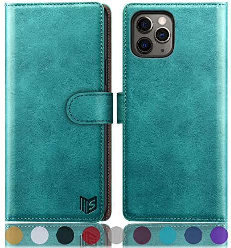 SUANPOT [RFID Schutz] für iPhone 11 Pro 5,8-Zoll Hülle PU Leder Handyhülle Lederhülle Klapphülle Kartenfach Flip Cover für Apple 11 Pro Handy hülle Leather Wallet Phone Case Blau Grün