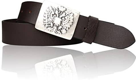 FRONHOFER Trachtengürtel Herren Echtleder 4 cm mit österreichischem Doppeladler Altsilber Schnalle 5 x 7 cm Druckknopf zum Wechsel für Lederhose und Jeans