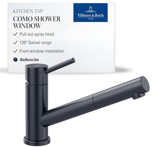 Villeroy & Boch Como Shower Window Hochdruck-Küchenarmatur mit ausziehbarer Handbrause und 120° Schwenkbereich, Vorfenster-Installation, 120 mm Auslaufhöhe, Anthrazit