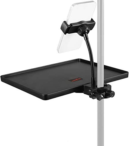 Mr.Power Microphone Stand Plastic Tray with Phone Holder, Mic Stand Clamp-On Rack Tray Holder for Most Mic Stands, for Stage, Live Streaming, Concert Performance, Karaoke (10.6 x 8)