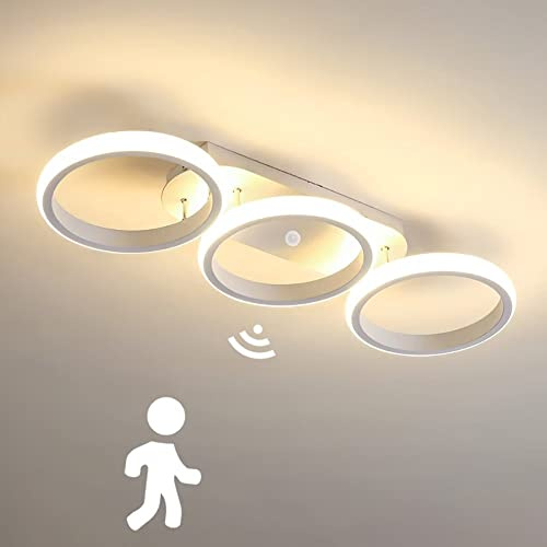 KZT LED Deckenleuchte mit Bewegungsmelder Moderne Flur Deckenlampe mit Sensor Weiß Ring Design Deckenbeleuchtung für Treppe Wohnzimmer Balkon Küche Garage Veranda BüRo Lampen (3000K)