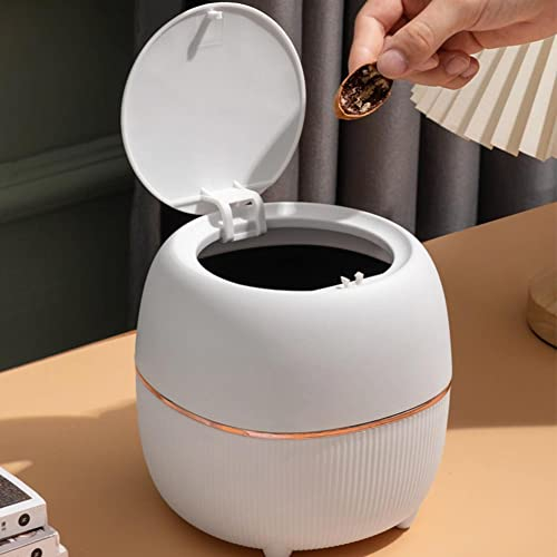 FIYSON Mini Abfalleimer Tisch Mülleimer, Bad Kosmetikeimer Tischmülleimer Mit Deckel, ØxH: 16 x 15 cm AbfallbehäLter Klein für Küche Badezimmer Bett Büro Schreibtisch, Geruchsdichter (Weiß)