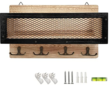 Post- und Schlüsselhalter für Wand dekorativ, Holz Wand Schlüssel Rack Organizer mit 4 Doppel Schlüssel Haken, Wand Mount Schlüssel Aufhänger für Eingang, Lagerung, Wohnzimmer, Flur, Küche (Wood)