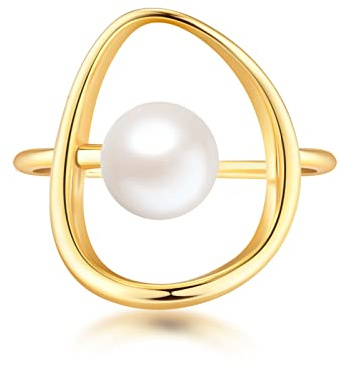 FUNYCHEN Pearl Ring for Women 925 Sterling Silver 14k Gold Plated Ring Mother Daughter Ring Danity Irregular Statement Wedding Band Bridal Ring Graduation Jewelry Birthday Summer Ocean Gifts for Her(Gold, 8)