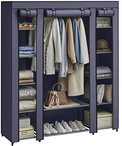 SONGMICS Guardaroba in Tessuto, Armadio Portatile per Camera da Letto, Appendiabiti con Copertura in Tessuto, Portabiti, 45 x 150 x 175 cm, 12 Scomparti, Struttura in Metallo, Blu scuro LSF003I02