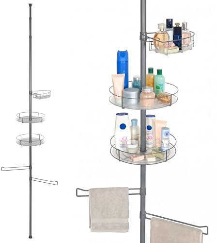bremermann Teleskop-Badregal mit 3 Körben und 2 Haltern für Handtücher, ideal für Shampoo, Kosmetikartikel, Badutensilien uvm., höhenverstellbar bis max. 290 cm, aus Metall in Grau