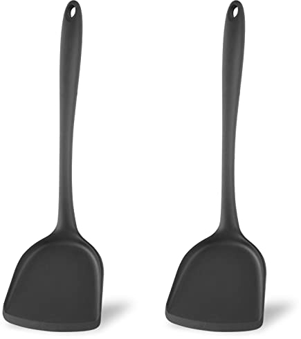 2 Stück Silikon Wok Spatel, Wok Pfannenwender Silikon, Antihaft BPA-freie Hohe Hitzebeständige Praktische Küchenutensilien zum Kochen, Backen, Eierdrehen, Pfannkuchen, Burger, Core (Schwarz)