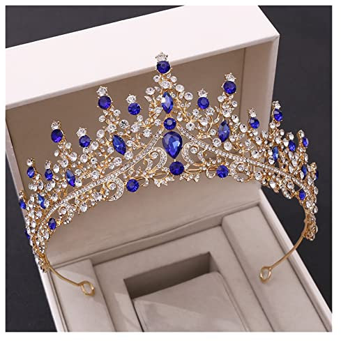 Barock Retro Rose Gold Pfirsich Kristall Braut Diademe Krone Strass Festzug Prom Diadem Braut Stirnband Hochzeit Haarschmuck Tiara (Metal Color : A Blue)