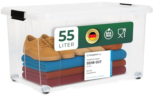 Novaliv Aufbewahrungsbox mit Deckel Groß 55L transparente Nestbar stapelbare Plastikbox mit Clipverschluss Eurobox mit Deckel BPA-frei 61x40x32,5 cm