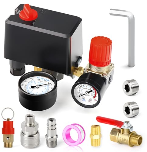 MEANLIN MEASURE Air Compressor Pressure Switch Control Valve 120-150 PSI 110V-240V 4-way Replacement Parts With 0-200 Psi Air Compressor Regulator and Safety Pressure Relief Valve