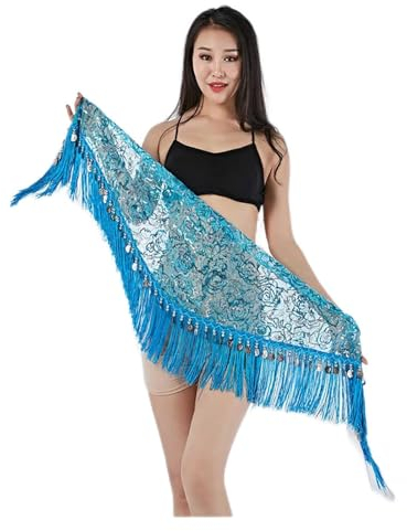 QUNINE Bauchtanz-Kostüm, Bauchtanz, professionelles Kostümzubehör, Tanzgürtel, Dreieck, Bauchtanz-Hüfttuch für Frauen, Bauchtanz-Rock (Türkis-goldene Münzen)