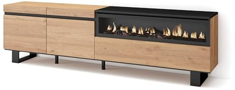 Skraut Home | TV-Schrank, Lowboard | für Wohnzimmer und Esszimmer | 200x57x35cm | Für TV-Geräte bis zu 80 | Elektrokamin. Maße | Industriedesign | Moderner Stil | Eiche Schwarz