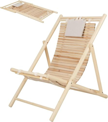 Multigot Folding Deck Chair, 3-Position Adjustable Portable Sun Lounger with Detachable Headrest, Outdoor Sling Chair Wooden Reclining Chair for Poolside Backyard