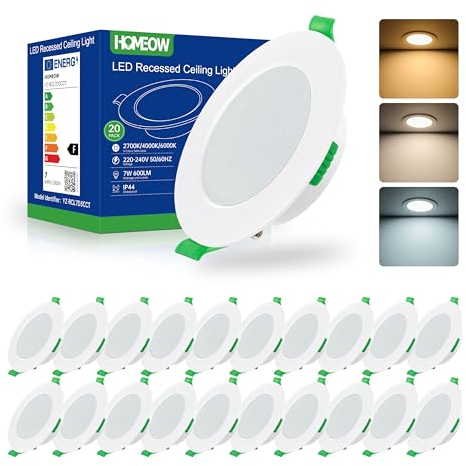 HOMEOW Faretti Led da Incasso per Cartongesso 7W, Diametro Foro 75-90mm, 24mm Ultrasottili, IP44 Faretti Led Soffitto, Regolabile Caldo 2700K, Neutro 4000K e Freddo 6000K, Non Dimmerabile, Set di 20