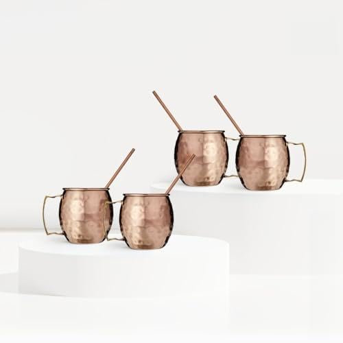 Drinkware Bundle- Classic Pure Copper Barrel Mugs- Set of 4, Size-16 oz with 4 Reusable 6-inch Long Straight Solid Copper Straws,Moscow Mule Mug,Hand Hammered,for Colder Drinks