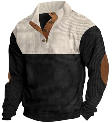 Ryehack Sweatshirt herr manchestertröja långärmad casual henley-t-shirt tröja lätt med knappslå S–3XL, svart, S