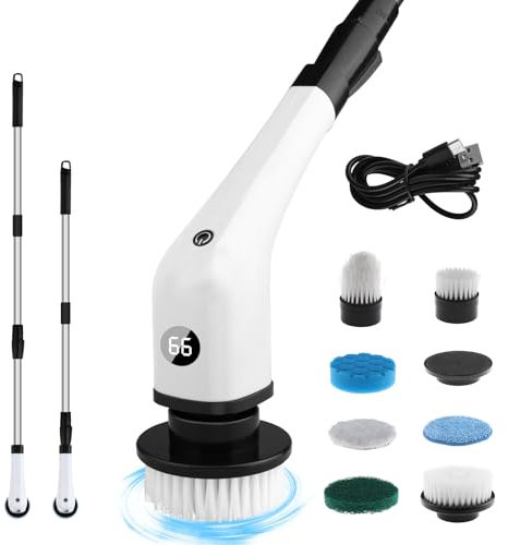 DISHENGZHEN Electric Spin Scrubber, 2024 Upgraded Electric Scrubbing Brush with Long Handle & 8 Replaceable Brush Heads, Power Display, 2 Gears Adjustment, Spin Scrubber Cordless for Tile white