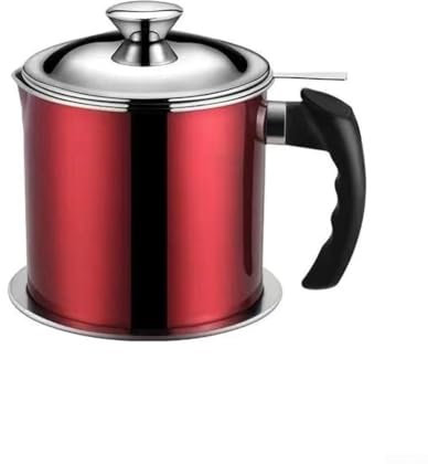 1 colador de grasa de acero inoxidable de 3 litros con tapa, para almacenar aceite de cocina usado y mantener la higiene (rojo)