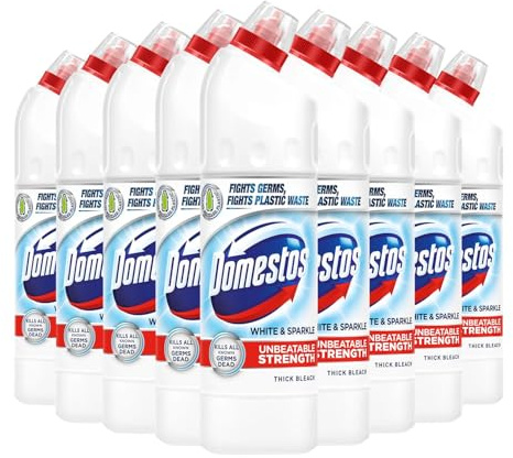 Domestos Thick Bleach White and Sparkle Multi-Purpose Disinfectant Anti-Bacterial Surface Cleaner Gel Limescale Remover for Toilet, Bathroom and Kitchen, 750ml (Buy 9)