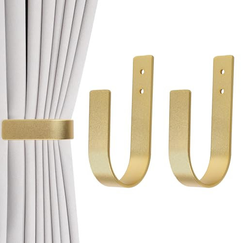 OCIOLI 2 Pack Curtain Tie Backs & Holdbacks - Solid Aluminum U-Shaped Wall Mounted Drapery Hooks Holder, Modern Durable Curtain Tiebacks for Living Room Bedroom Curtains & Draperies (2, Gold)