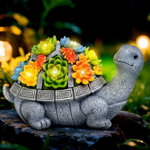 Solar Turtle Statue Garden Decor for Outside with Succulents & 7 LED Lights