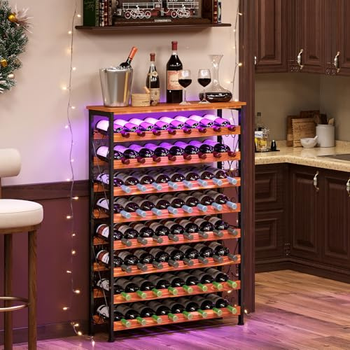 64 Bottle Wine Rack, Freestanding Floor with Wood Top, Wine Bottle Holder, Wine Storage Rack for Kitchen, Bar, Pantry, Tall Stand for