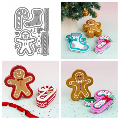 Sredwtk Lebkuchenmann Weihnachten Geschenkbox Stanzschablonen Schachtel Weihnachten Stanzschablonen Box Metall Prägeschablonen Stanzmaschine Stanzformen Schablonen für DIY 3D Keksbox Süßigkeitenbox