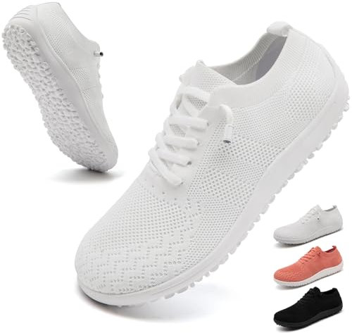 IEBPEH Barfuss Schuhe Damen Barfußschuhe Laufschuhe Turnschuhe Sneaker Sportschuhe Slip On Breite Zehenbox Atmungsaktiv Leichte Weiss Straßenlaufschuhe Weiß 37